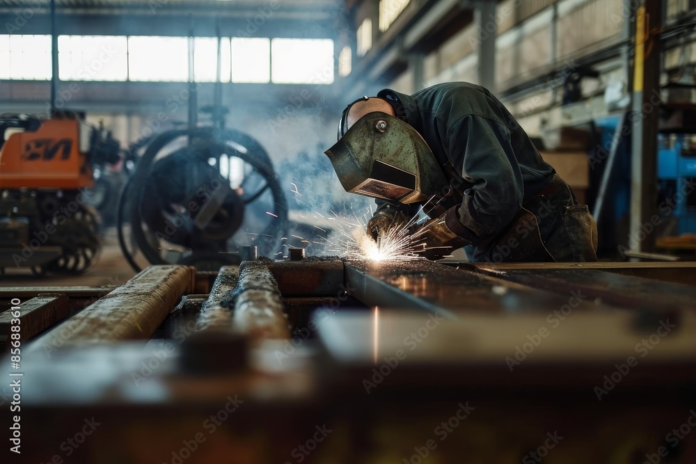 Welder working at metal factory Professional mature welder welding steel bars at metal factory, he's using protective welding mask Welder working at metal factory Professional mature welder welding steel bars at metal factory, he's using protective welding mask