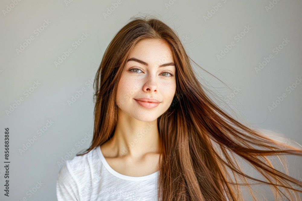 Naklejka premium Portrait of a beautiful young woman with long straight shiny healthy brown hairs