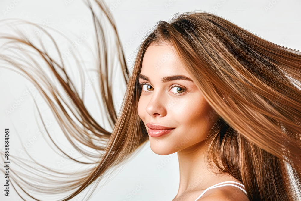 Fototapeta premium Portrait of a beautiful young woman with long straight shiny healthy brown hairs