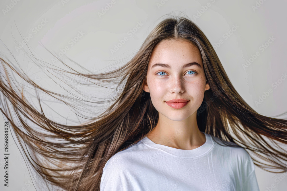 Portrait of a beautiful young woman with long straight shiny healthy brown hairs Portrait of a beautiful young woman with long straight shiny healthy brown hairs