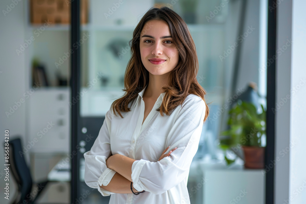 Portrait of successful business woman inside office, standing with arms crossed Portrait of successful business woman inside office, standing with arms crossed