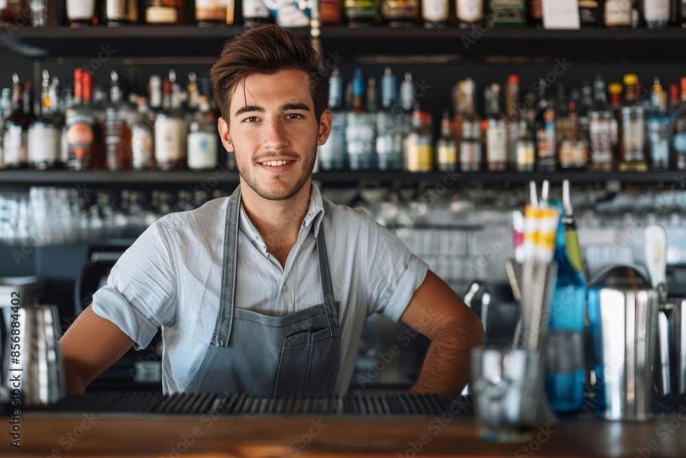 Drinks on me Portrait of a confident young man working behind a bar counter Drinks on me Portrait of a confident young man working behind a bar counter
