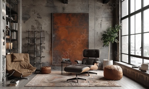 Industrial living room with a blank ladder shelf