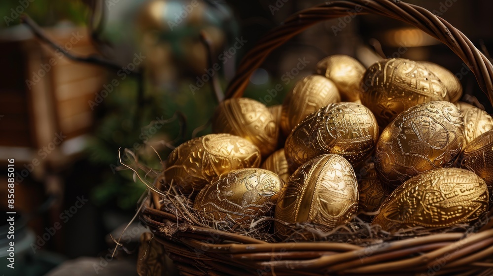 Basket of golden chocolate eggs, intricately arranged, beautiful and luxurious display, raw finish, rich textures and detail Basket of golden chocolate eggs, intricately arranged, beautiful and luxurious display, raw finish, rich textures and detail