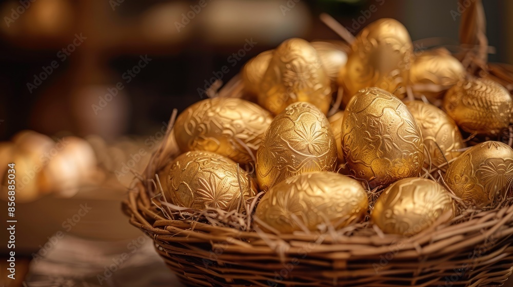Basket of golden chocolate eggs, intricately arranged, beautiful and luxurious display, raw finish, rich textures and detail Basket of golden chocolate eggs, intricately arranged, beautiful and luxurious display, raw finish, rich textures and detail