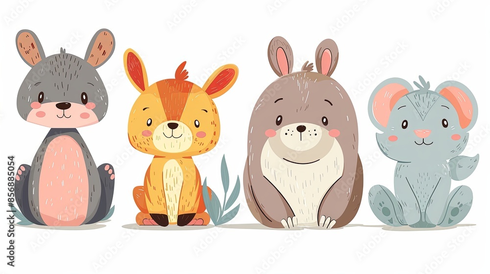 A series of adorable, stylized illustrations of a mouse, squirrel, beaver, and koala in a friendly cartoon style A series of adorable, stylized illustrations of a mouse, squirrel, beaver, and koala in a friendly cartoon style