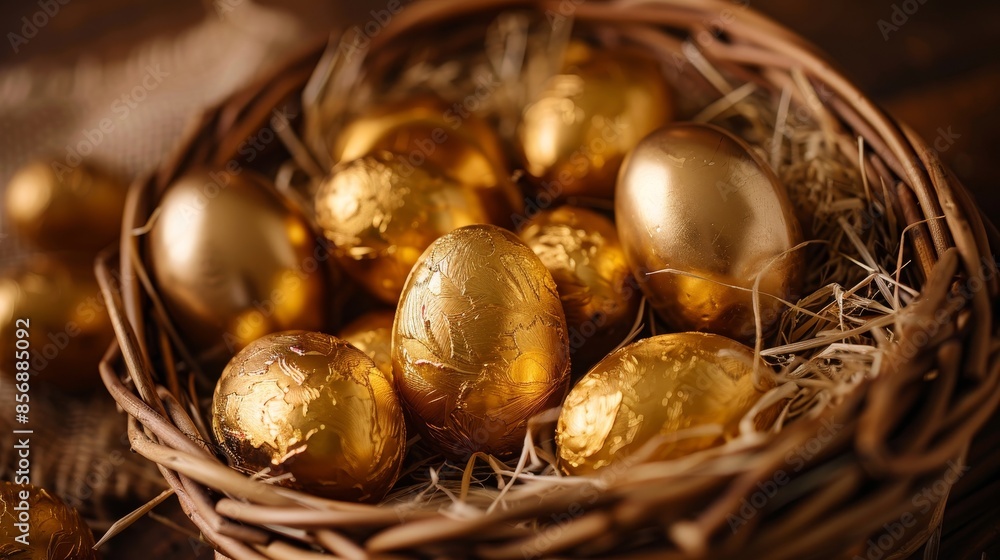 Basket of shiny golden chocolate eggs, arranged beautifully, rich textures, raw style, opulent and eye-catching display Basket of shiny golden chocolate eggs, arranged beautifully, rich textures, raw style, opulent and eye-catching display