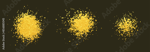 Glittering gold splatter texture. Set of vector sprayed, sprinkled specs, dust particles, tiny pieces of metal. Grainy texture round shape splashes. Abstract shiny elements isolated on black backgroun