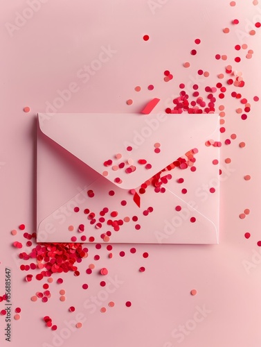 Envelope with red confetti on pink background. Top view with copy space. Valentines Day, Mothers Day, birthday greeting card template.