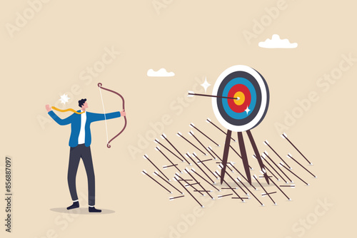Practice develop success, effort to improve and achieve target, mistake, failure and discipline to keep practice and reach goal concept, businessman practicing archery with  mistakes until success.