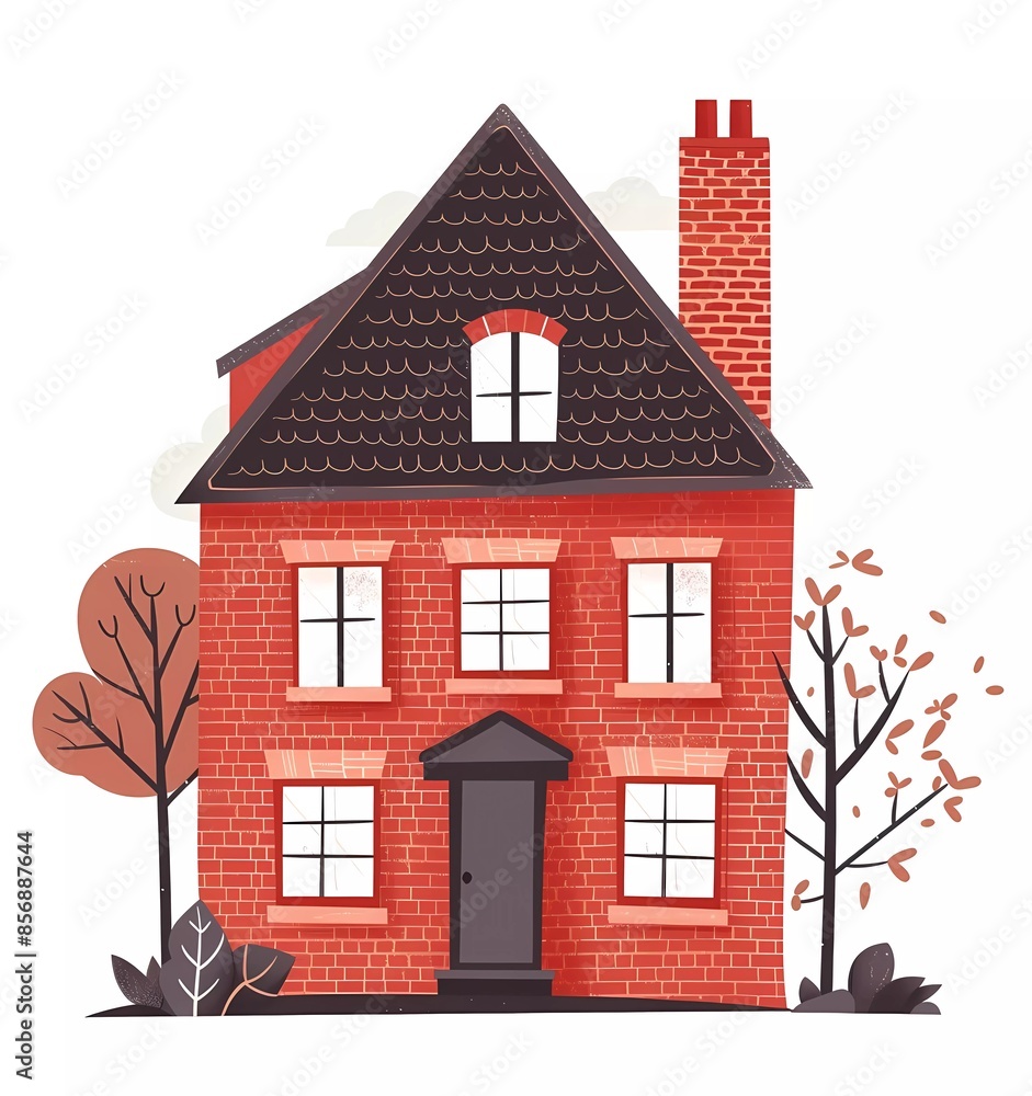 Flat vector illustration of an old brick house with a gable roof, simple shapes and lines, white background, Flat vector illustration of an old brick house with a gable roof, simple shapes and lines, white background,