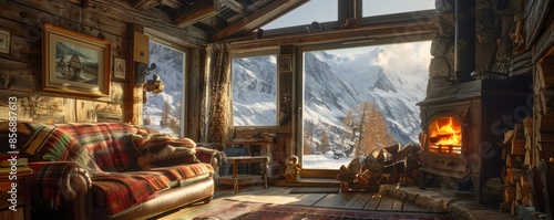 Cozy alpine cabin with a wood-burning stove.