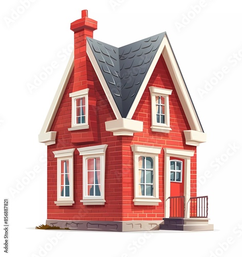 Flat vector illustration of an old brick house with a gable roof, simple shapes and lines, white background, © munja02