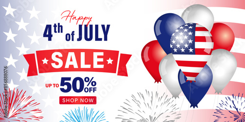 Happy 4th of July SALE, up to 50% off banner with USA balloons and flag. Independence Day of USA promotion poster design. Vector illustration