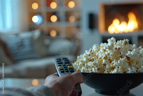 Cozy evening at home with a bowl of popcorn and TV remote in hand. Warm fireplace in the background creating a relaxing atmosphere. Perfect for leisure and lifestyle content. Generative AI photo