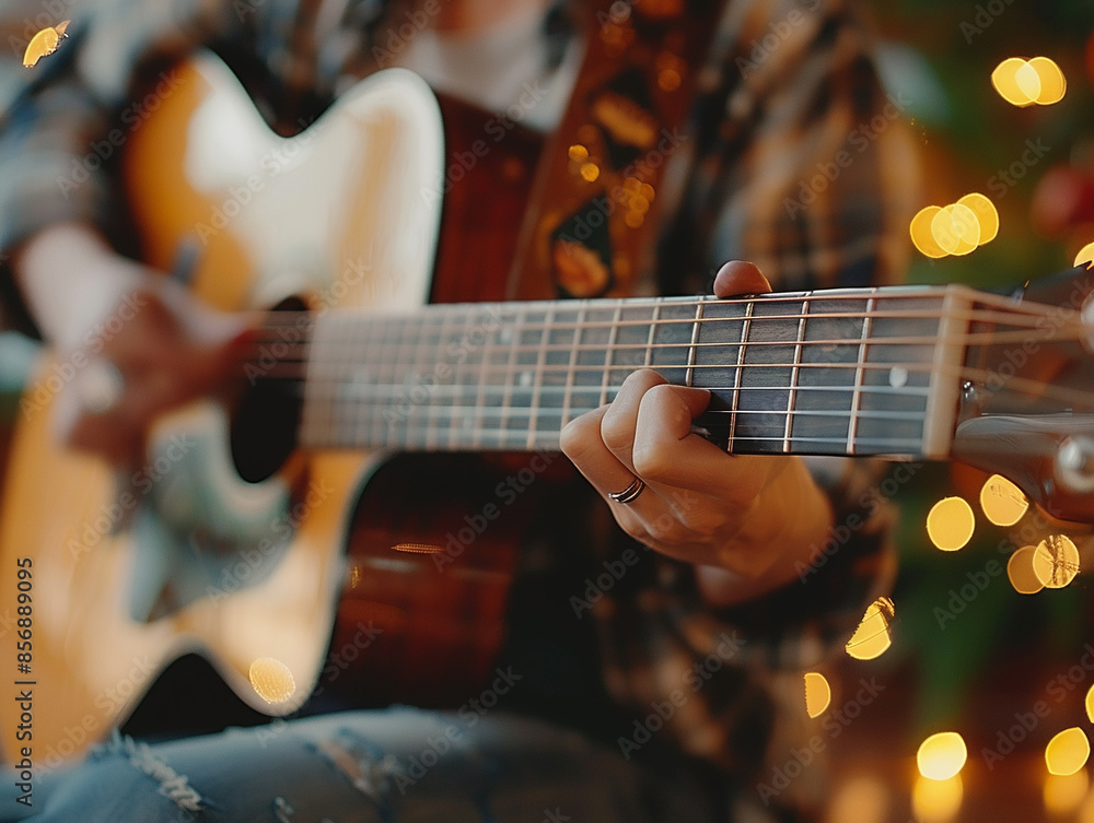 Fototapeta premium Close-up of a person playing acoustic guitar with bokeh lights in the background, capturing a cozy and relaxed musical ambiance.
