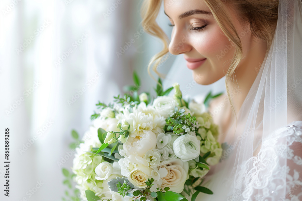 Naklejka premium ブーケに顔を寄せる花嫁