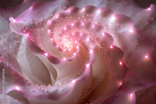 Close-up of a rose with pink and white petals adorned with sparkling lights, creating a magical and enchanting floral display.