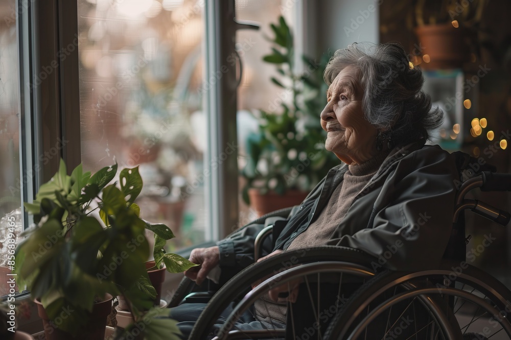 Elderly woman in wheelchair looking out window. Soft lighting, indoor setting. Emotional depth captured. Great for themes on aging and solitude. Photography style. Generative AI Elderly woman in wheelchair looking out window. Soft lighting, indoor setting. Emotional depth captured. Great for themes on aging and solitude. Photography style. Generative AI
