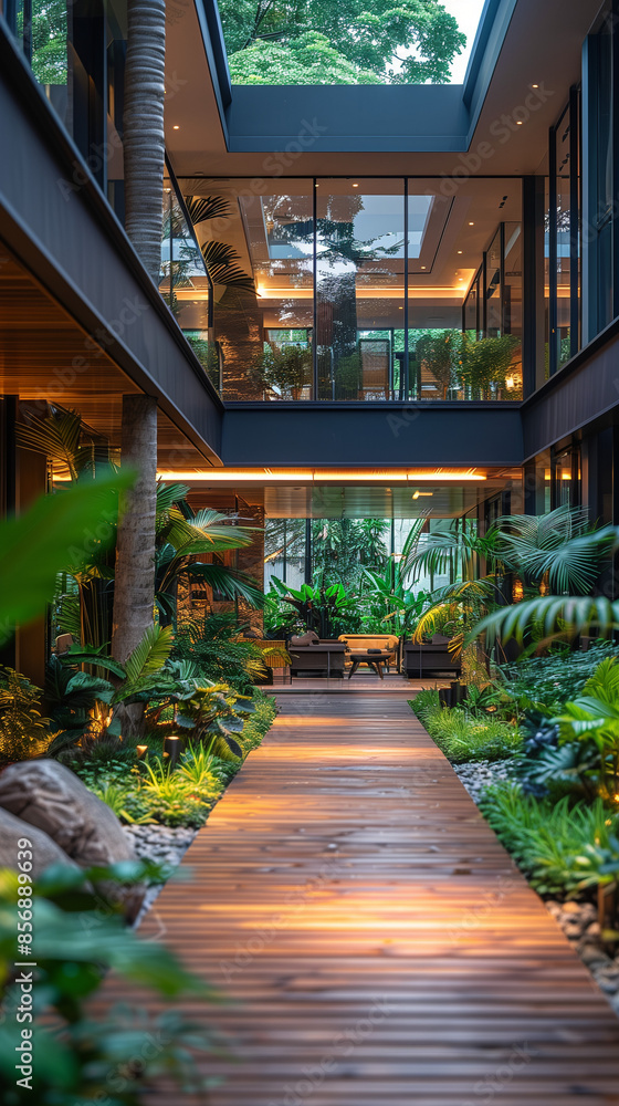 Fototapeta premium Tropical Zen: Sleek Hotel Design Combining Minimalism and Nature,generated by IA 