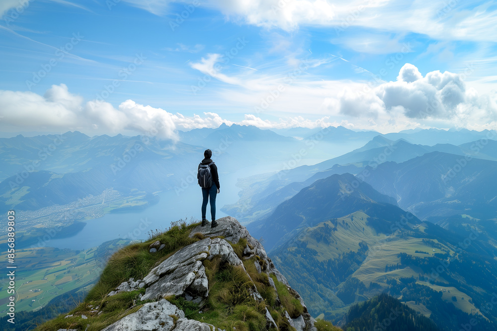 man hiker standing on the top of a mountain and looking at the beautiful landscape man hiker standing on the top of a mountain and looking at the beautiful landscape