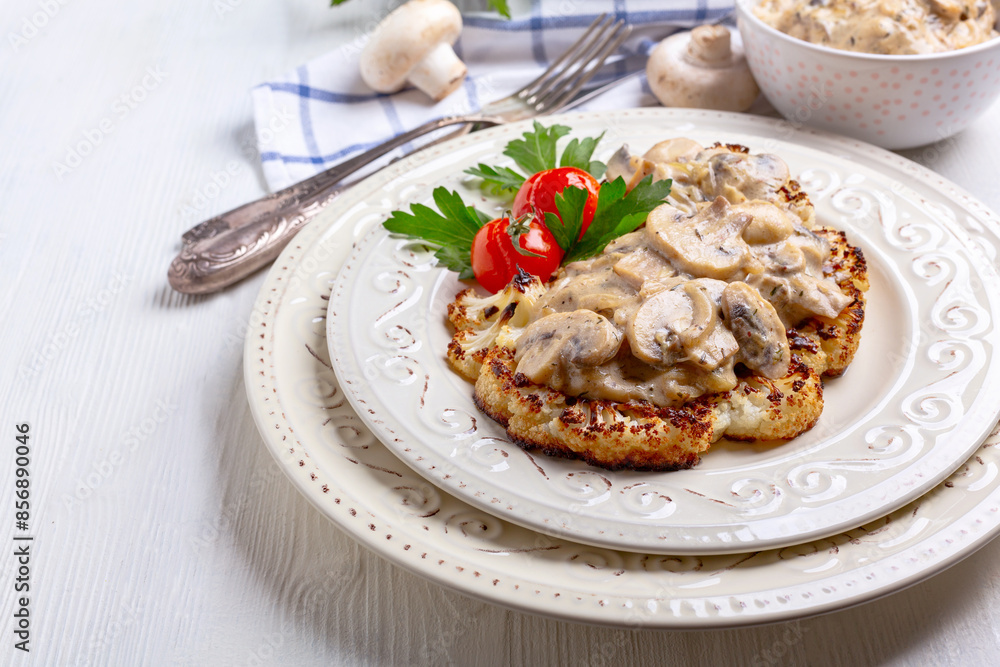 Cauliflower steak with mushrooms. Cauliflower steak with mushrooms.