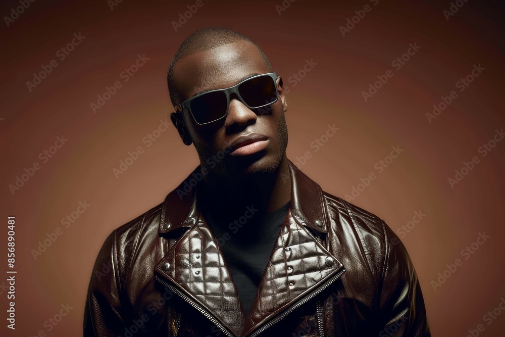 African elegant man in sunglasses Portrait of African young man in stylish leather jacket and sunglasses posing on brown background African elegant man in sunglasses Portrait of African young man in stylish leather jacket and sunglasses posing on brown background