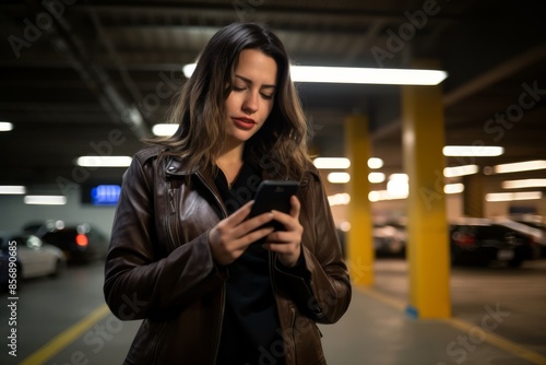attractive woman in leather jacket glances at phone screen in awe standing in underground parking garage