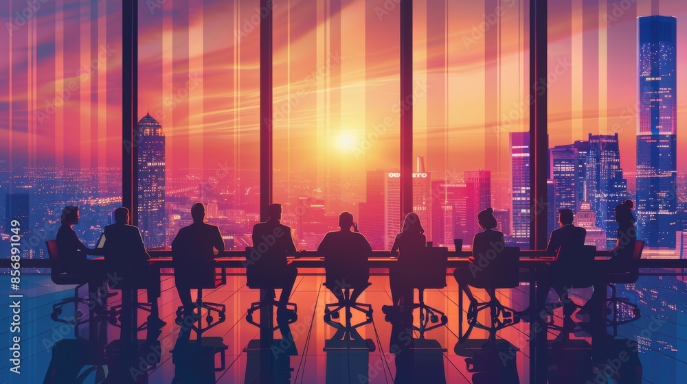 A group of people are sitting in a conference room with a large window in the background. The sun is setting, casting a warm glow over the city. Scene is professional and serious A group of people are sitting in a conference room with a large window in the background. The sun is setting, casting a warm glow over the city. Scene is professional and serious