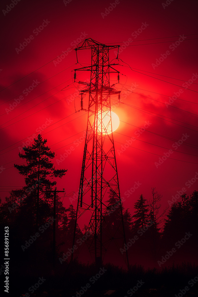 Naklejka premium Dramatic sunset behind an electricity pylon with dark trees, creating a striking silhouette against a vivid red and orange sky.