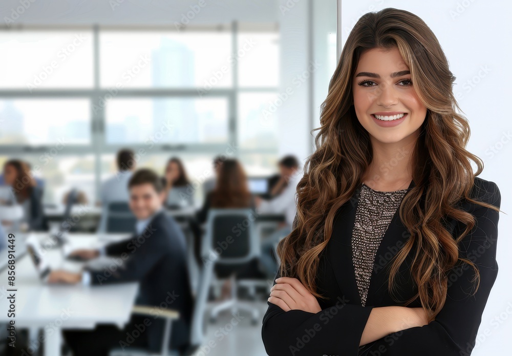 A woman in a business suit stands in front of a group of people in a conference room. She is smiling and she is confident A woman in a business suit stands in front of a group of people in a conference room. She is smiling and she is confident