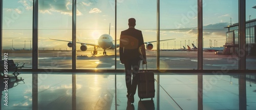 A man is walking through an airport terminal with a suitcase. The scene is set in the evening, with the sun setting in the background. The man is in a hurry, possibly waiting for his flight