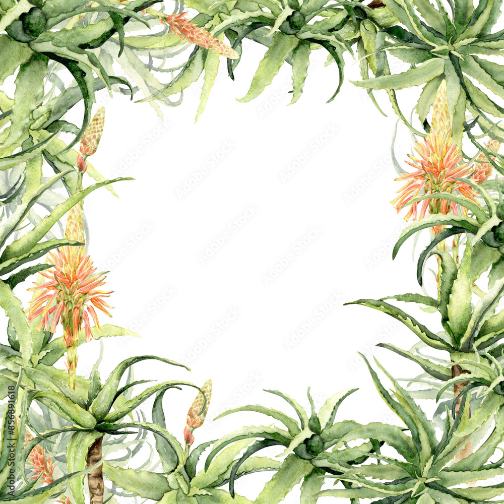 Fototapeta premium aloe plant watercolor square frame.