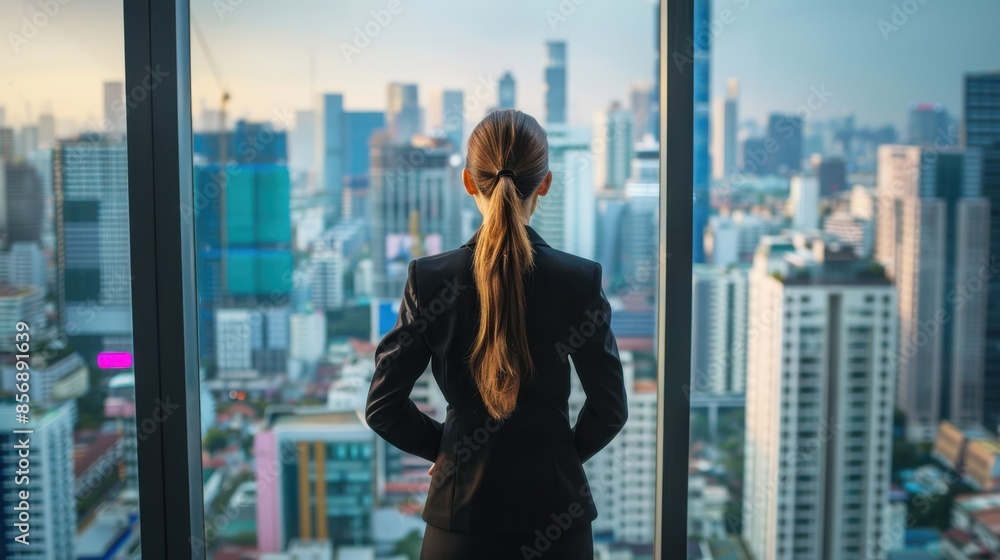 A woman in a business suit stands in front of a city skyline. She is looking out the window, taking in the view of the city. Concept of ambition and determination