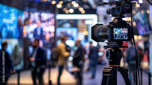 A camera is set up in a busy room with people walking around. The camera is recording the scene, capturing the hustle and bustle of the environment