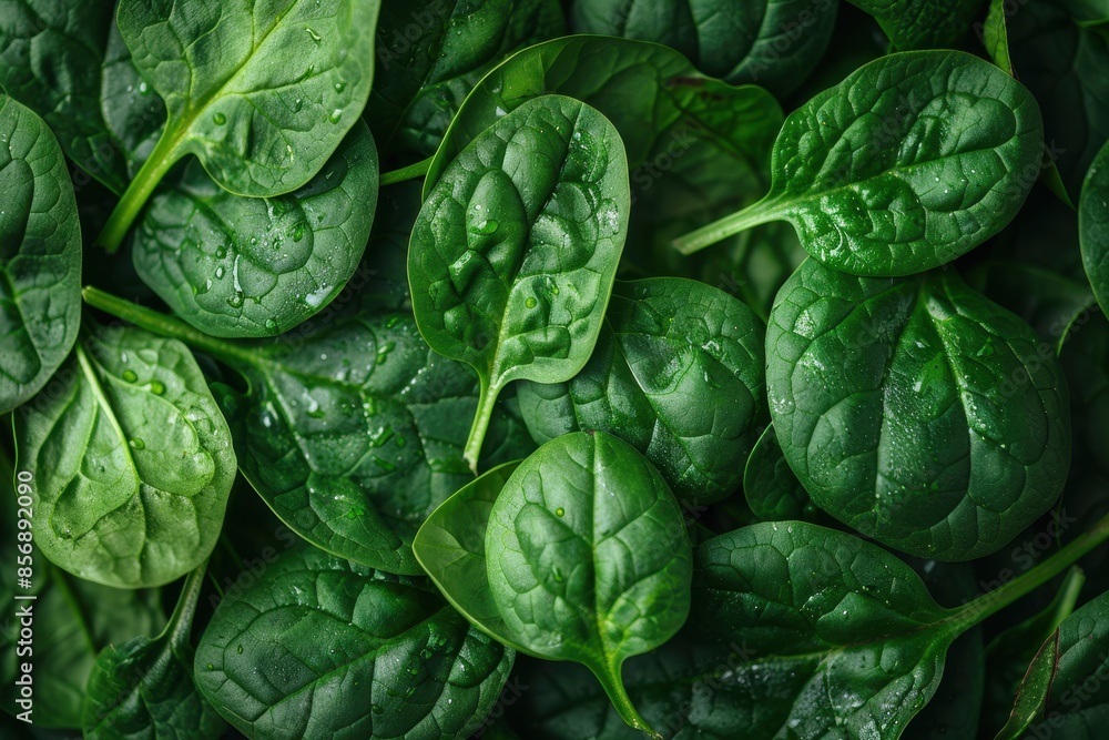 A detailed shot of a bunch of fresh spinach leaves, showing the texture and vibrant green color. A detailed shot of a bunch of fresh spinach leaves, showing the texture and vibrant green color.