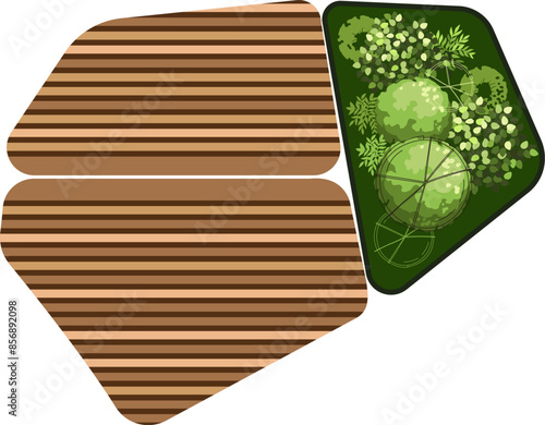 Top view of a bench for the architectural landscape plans. Bench with trees and greens. Entourage design. Vector.