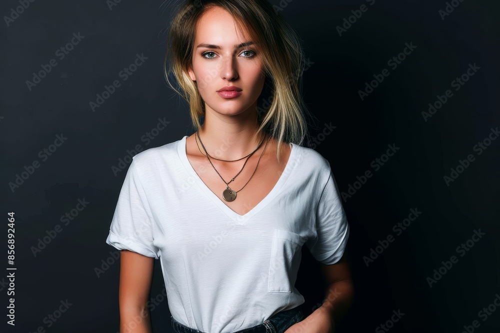 Young woman with hands in pockets isolated on dark background Portrait of a fashionable young woman dressed in a white t-shirt, isolated on a dark background. Young woman with hands in pockets isolated on dark background Portrait of a fashionable young woman dressed in a white t-shirt, isolated on a dark background.