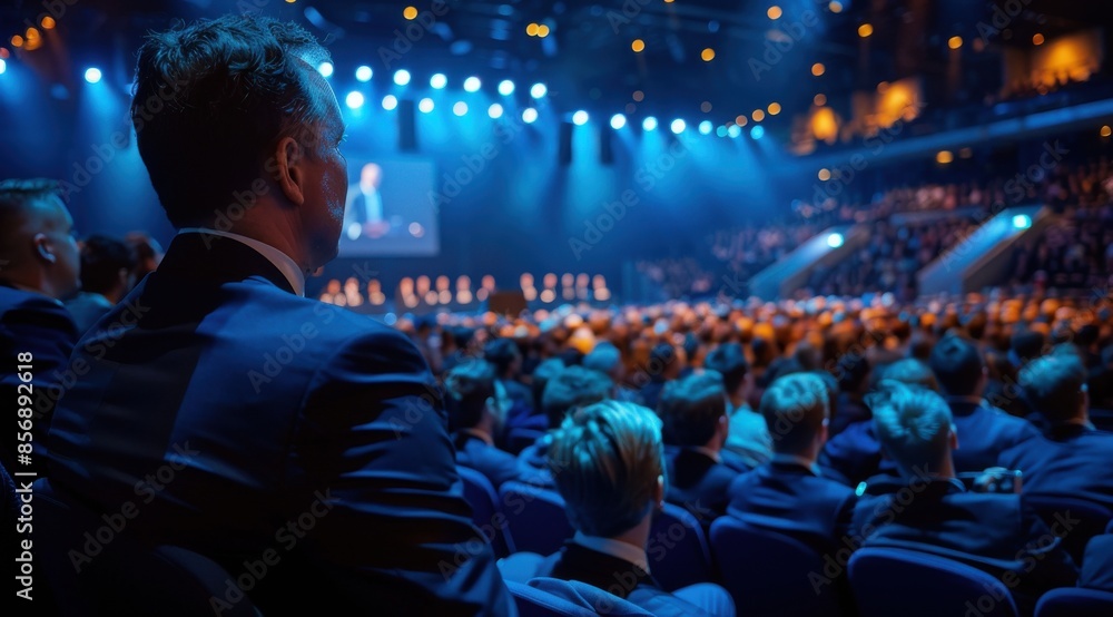 A man is sitting in a blue suit and tie in a large auditorium full of people. The man is watching a presentation on a large screen. Scene is serious and focused A man is sitting in a blue suit and tie in a large auditorium full of people. The man is watching a presentation on a large screen. Scene is serious and focused