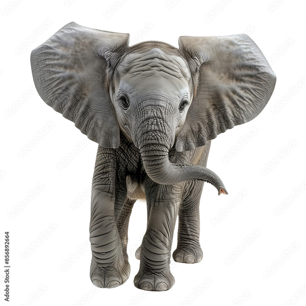 Fototapeta premium Close-up of a baby elephant with large ears and trunk, captured in a studio setting against a white background.
