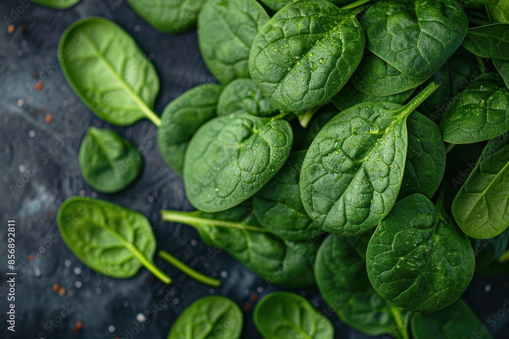 Obraz premium A detailed shot of a bunch of fresh spinach leaves, showing the texture and vibrant green color. 