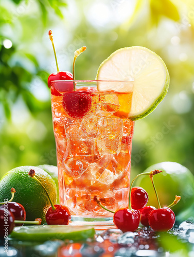 A vibrant image of a cherry lime rickey, served in a highball glass with ice, garnished with a slice of lime and cherries photo