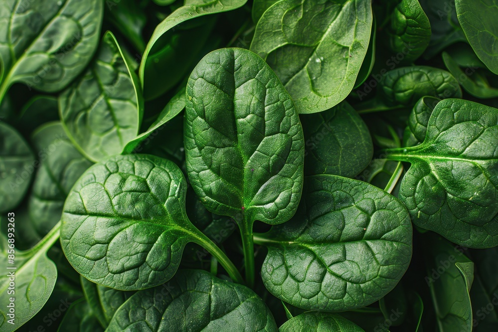 A detailed shot of a bunch of fresh spinach leaves, showing the texture and vibrant green color. A detailed shot of a bunch of fresh spinach leaves, showing the texture and vibrant green color.