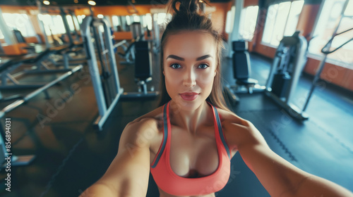 Woman taking a gym selfie in workout clothes.
