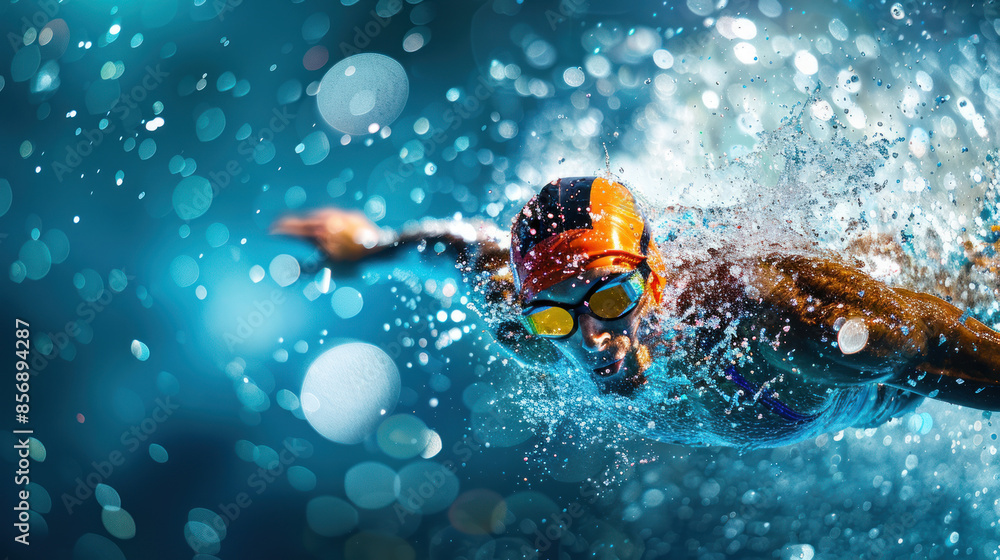 Triumphant Dive: Close-up of Olympic Swimmer in High-Speed Splash with Frozen Droplets, Intense Concentration, Copy Space Background Triumphant Dive: Close-up of Olympic Swimmer in High-Speed Splash with Frozen Droplets, Intense Concentration, Copy Space Background