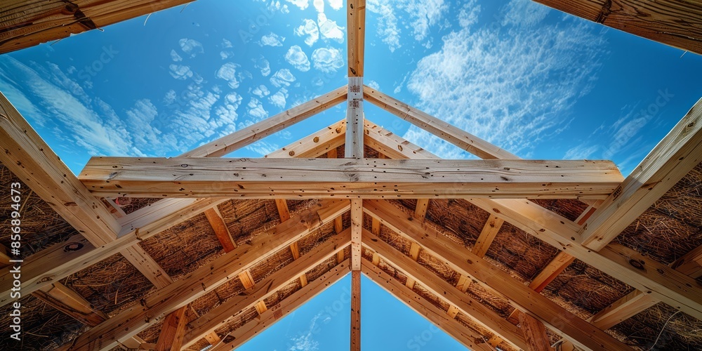 Wooden Roof Construction Under Blue Sky with Straw Insulation Wooden Roof Construction Under Blue Sky with Straw Insulation