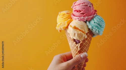 Colorful Scoops of Ice Cream on a Waffle Cone Held Against a Vibrant Orange Background photo