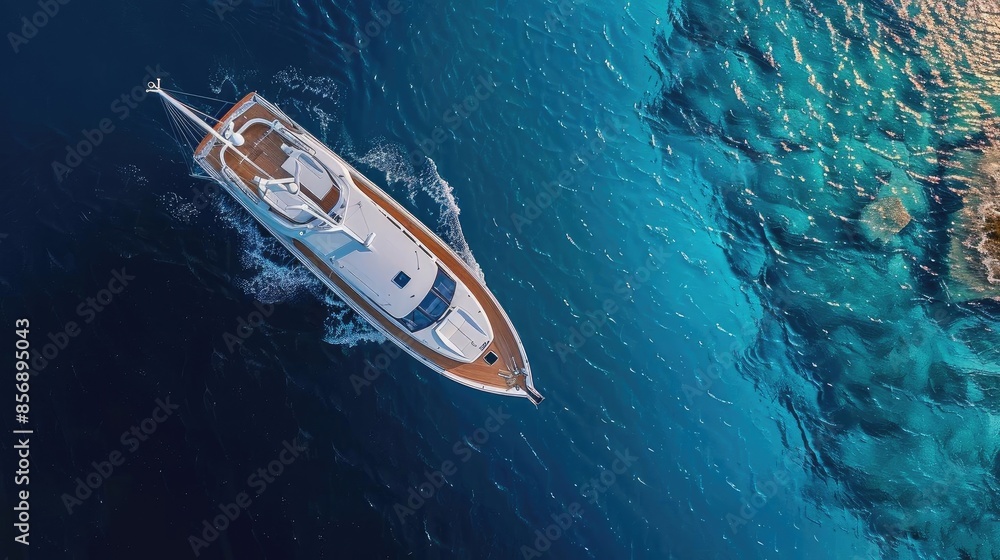 Fototapeta premium Aerial view of a luxury yacht cruising over clear blue water near a coral reef. The vessel's detail contrasts with the vibrant sea tones.