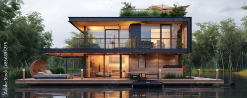 Modern houseboat with rooftop deck. photo