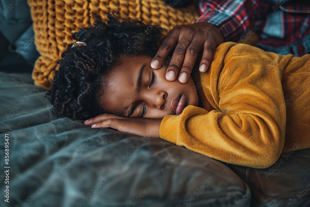 Peaceful child sleeping on the couch in cozy home environment. Parent's hand gently caressing sleeping child. This serene and intimate moment captures warmth and safety. Generative AI Peaceful child sleeping on the couch in cozy home environment. Parent's hand gently caressing sleeping child. This serene and intimate moment captures warmth and safety. Generative AI